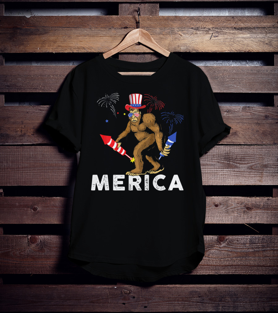 Bigfoot Merica Fireworks Patriotic Hat Independence Day T-Shirt