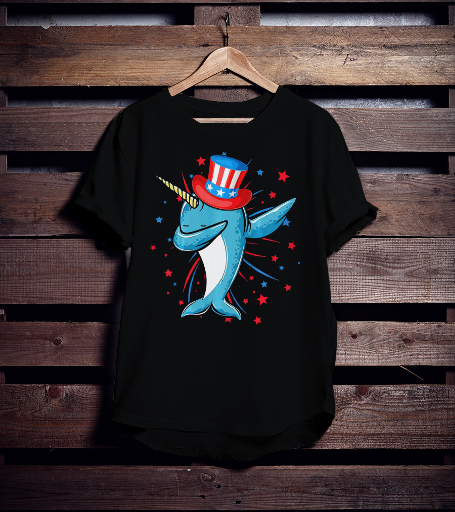 Dabbing Narwhal With Stars And Stripes Hat Firework Background T-Shirt