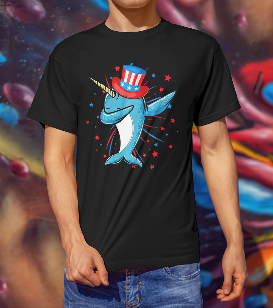 Dabbing Narwhal With Stars And Stripes Hat Firework Background T-Shirt