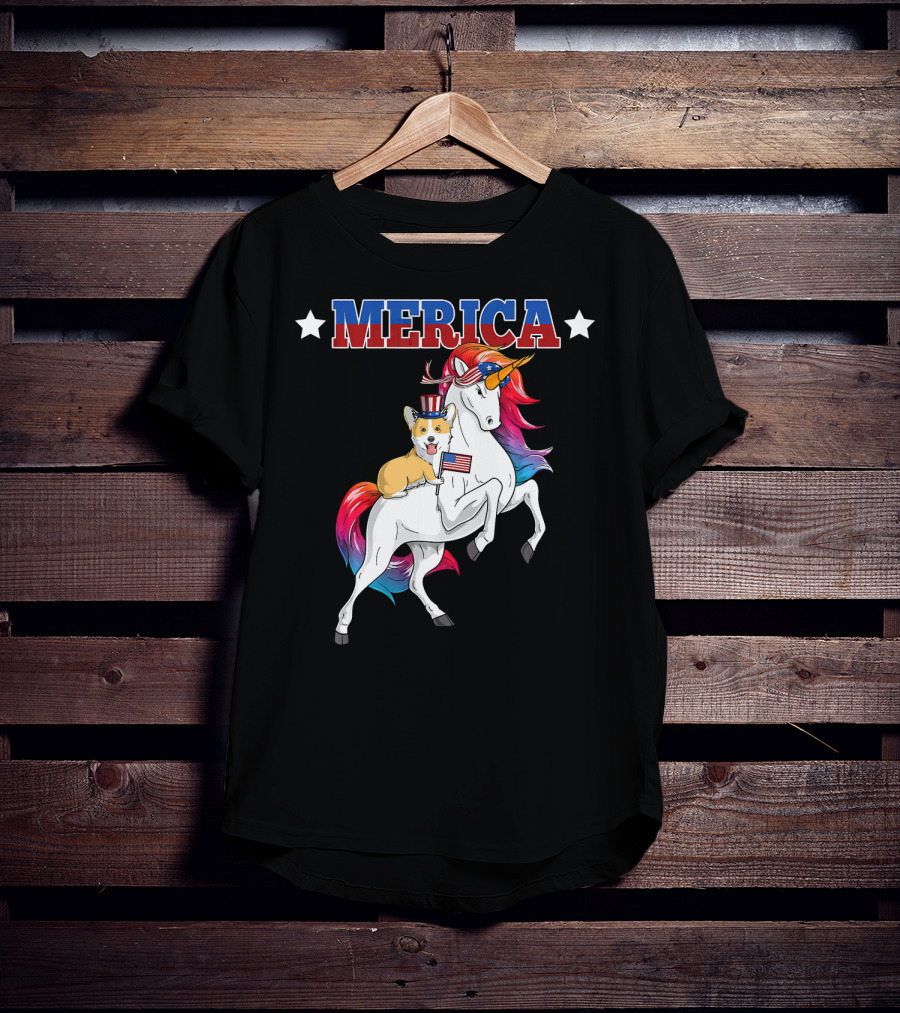 MERICA Corgi Dog Riding Unicorn With American Flag USA T-Shirt