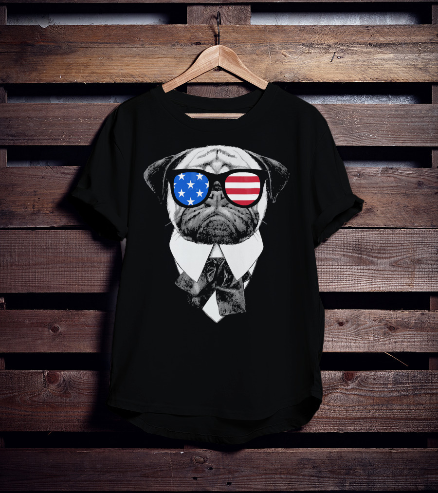 Patriotic Pug With American Flag Sunglasses And Tie T-Shirt
