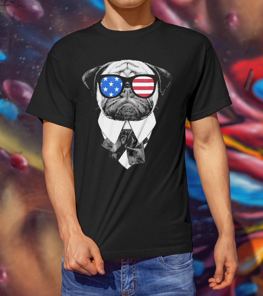 Patriotic Pug With American Flag Sunglasses And Tie T-Shirt