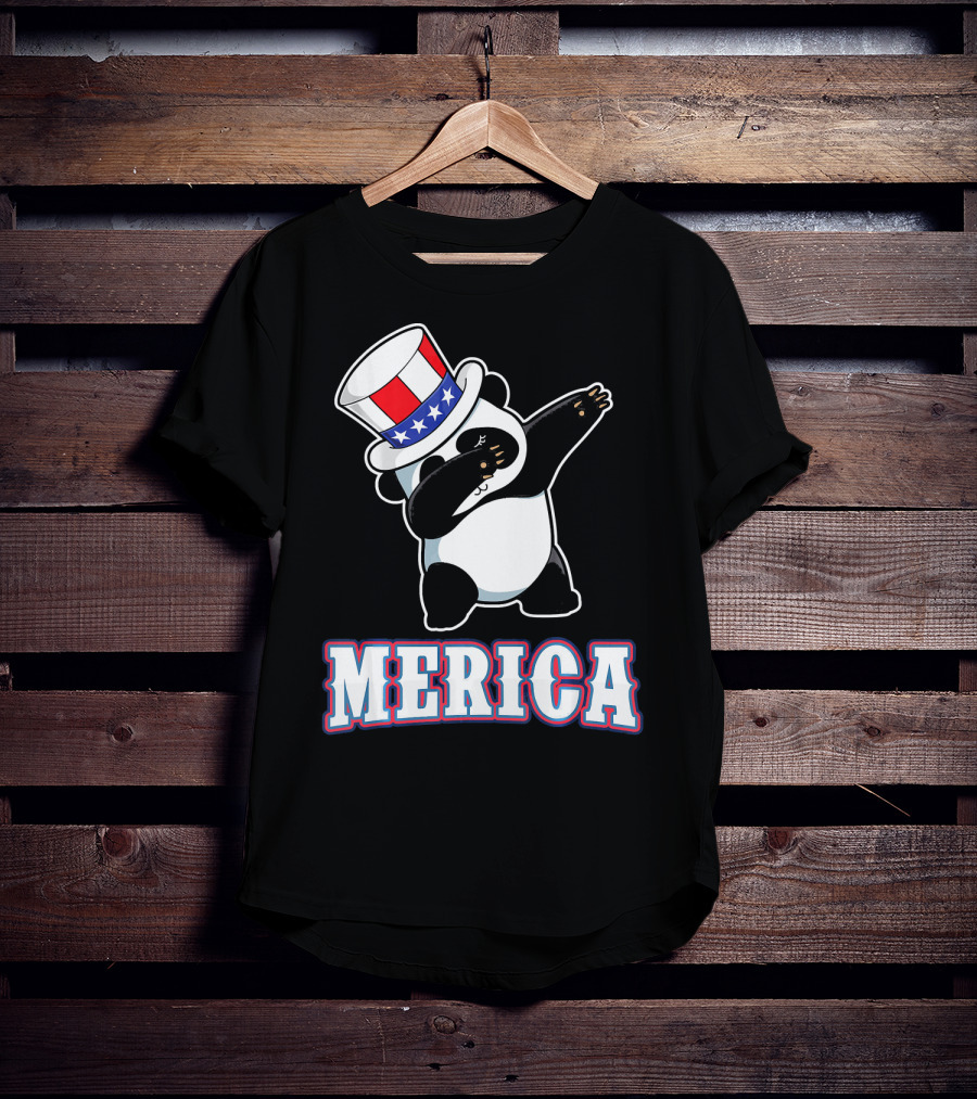 Merica Dabbing Panda In American Flag Top Hat T-Shirt