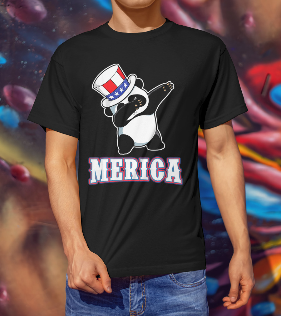 Merica Dabbing Panda In American Flag Top Hat T-Shirt