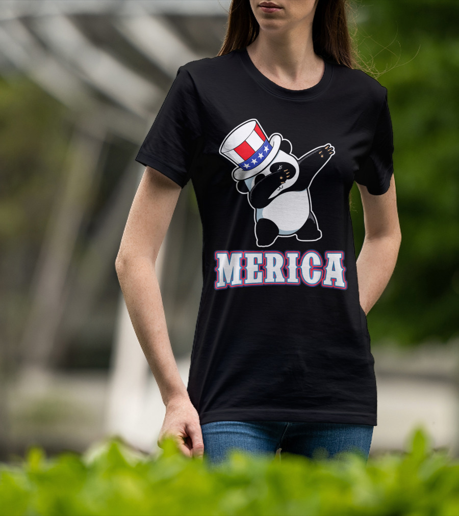 Merica Dabbing Panda In American Flag Top Hat T-Shirt