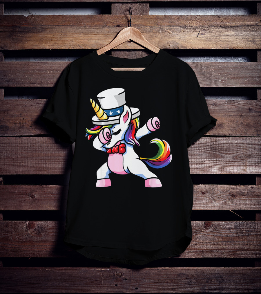 Girls Dabbing Unicorn With Patriotic American Hat T-Shirt