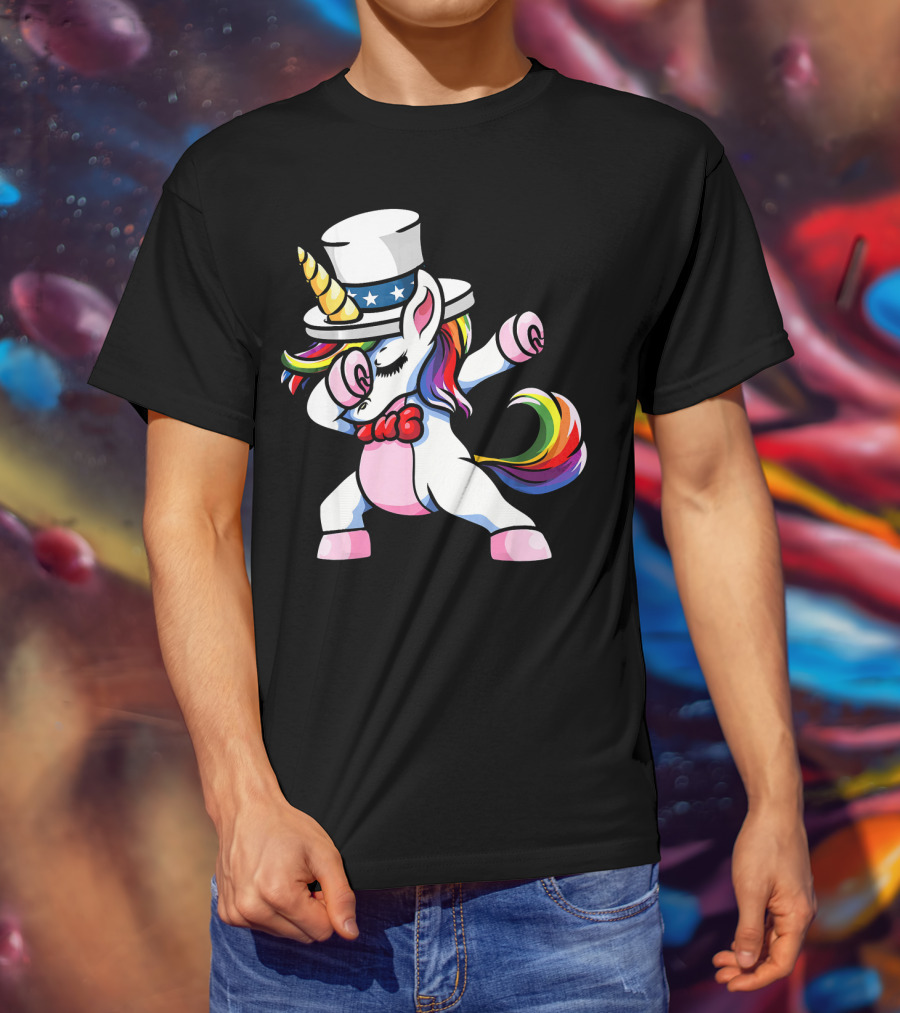 Girls Dabbing Unicorn With Patriotic American Hat T-Shirt
