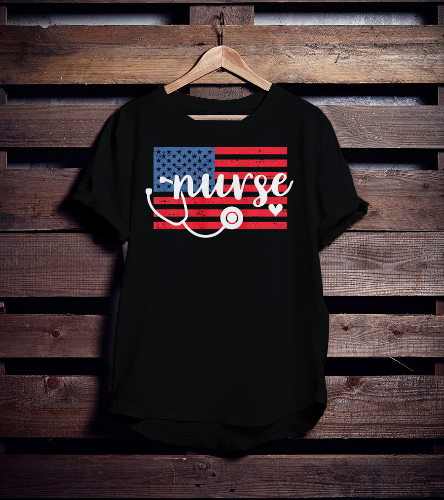 Nurse American Flag With Stethoscope And Heart T-Shirt