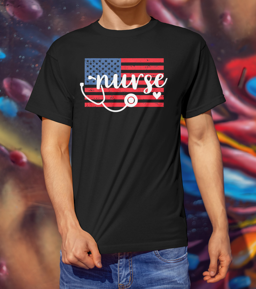 Nurse American Flag With Stethoscope And Heart T-Shirt