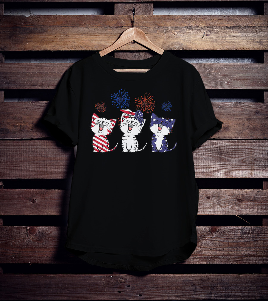Red White Blue Cats America Celebration Fireworks T-Shirt