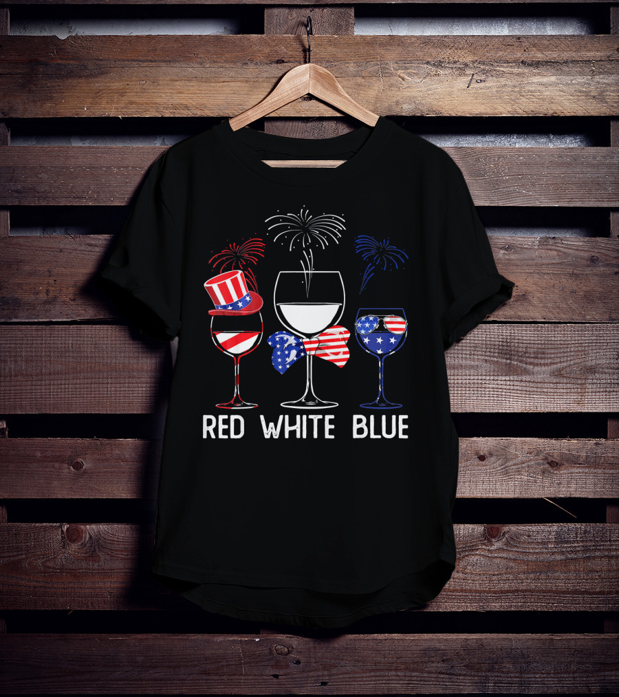 Red White Blue Wine Glasses Patriotic Fireworks USA T-Shirt