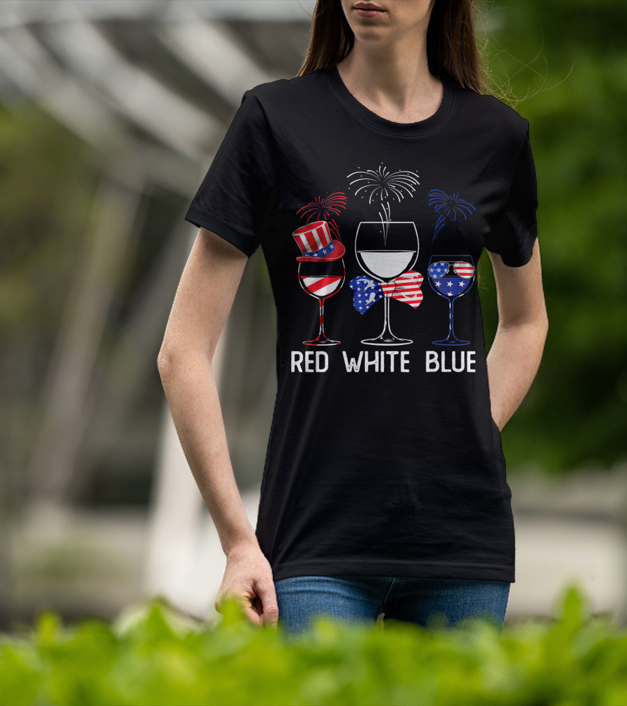 Red White Blue Wine Glasses Patriotic Fireworks USA T-Shirt