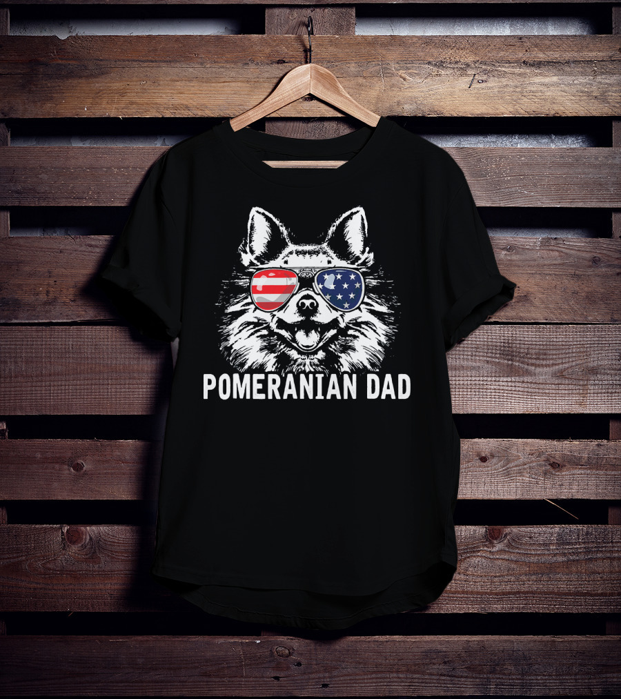 Pomeranian Dad American Flag Sunglasses T-Shirt