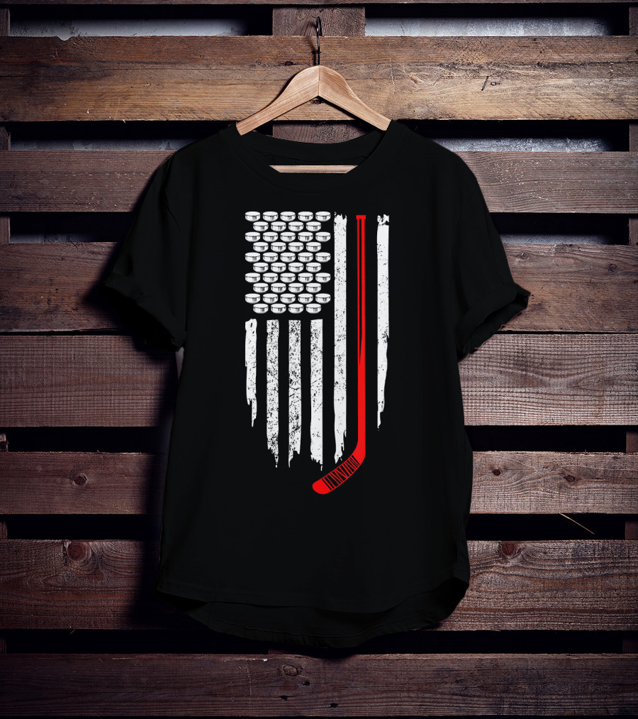 Patriotic Hockey Flag Design With Red Hockey Stick And Puck Stars T-Shirt