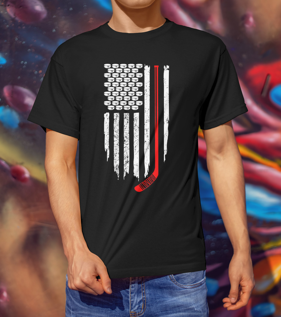Patriotic Hockey Flag Design With Red Hockey Stick And Puck Stars T-Shirt
