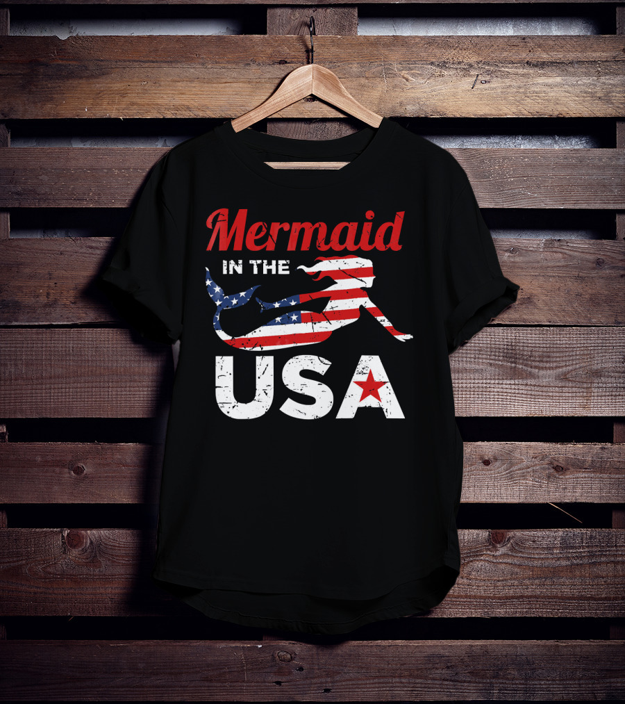 Mermaid In The USA American Flag T-Shirt
