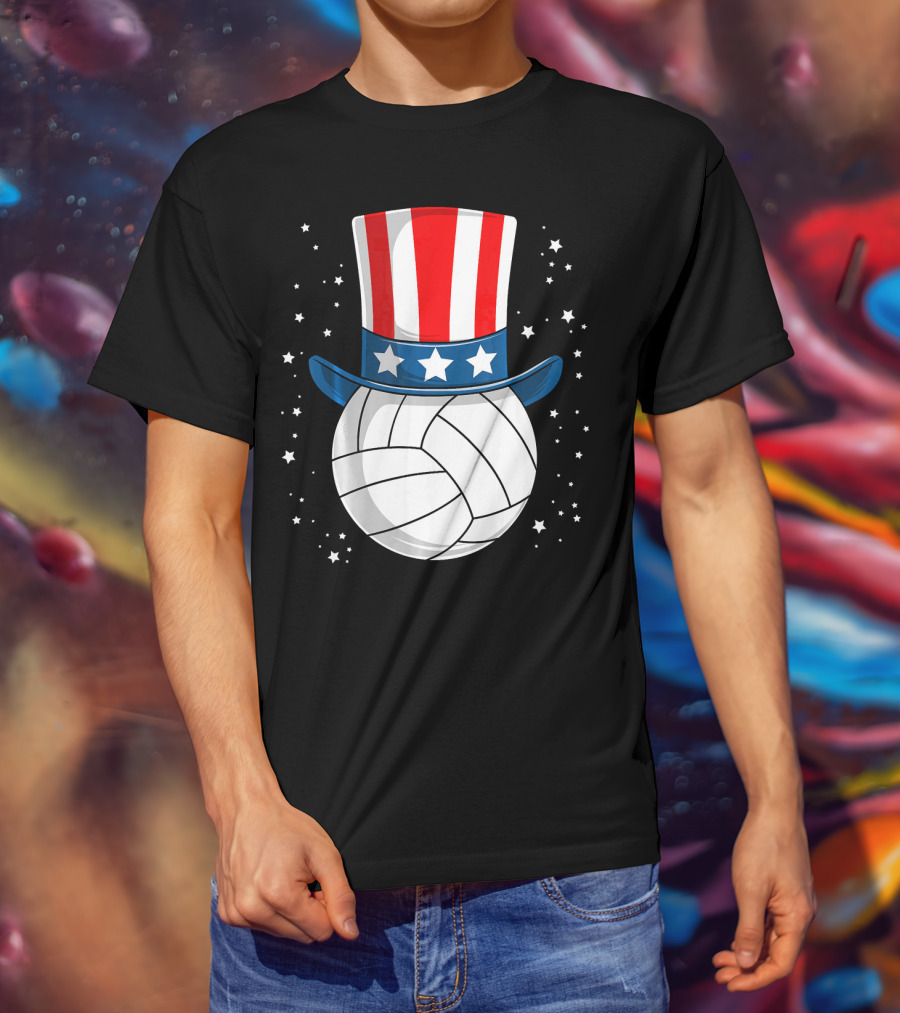 Volleyball Uncle Sam Hat American Flag Stars T-Shirt