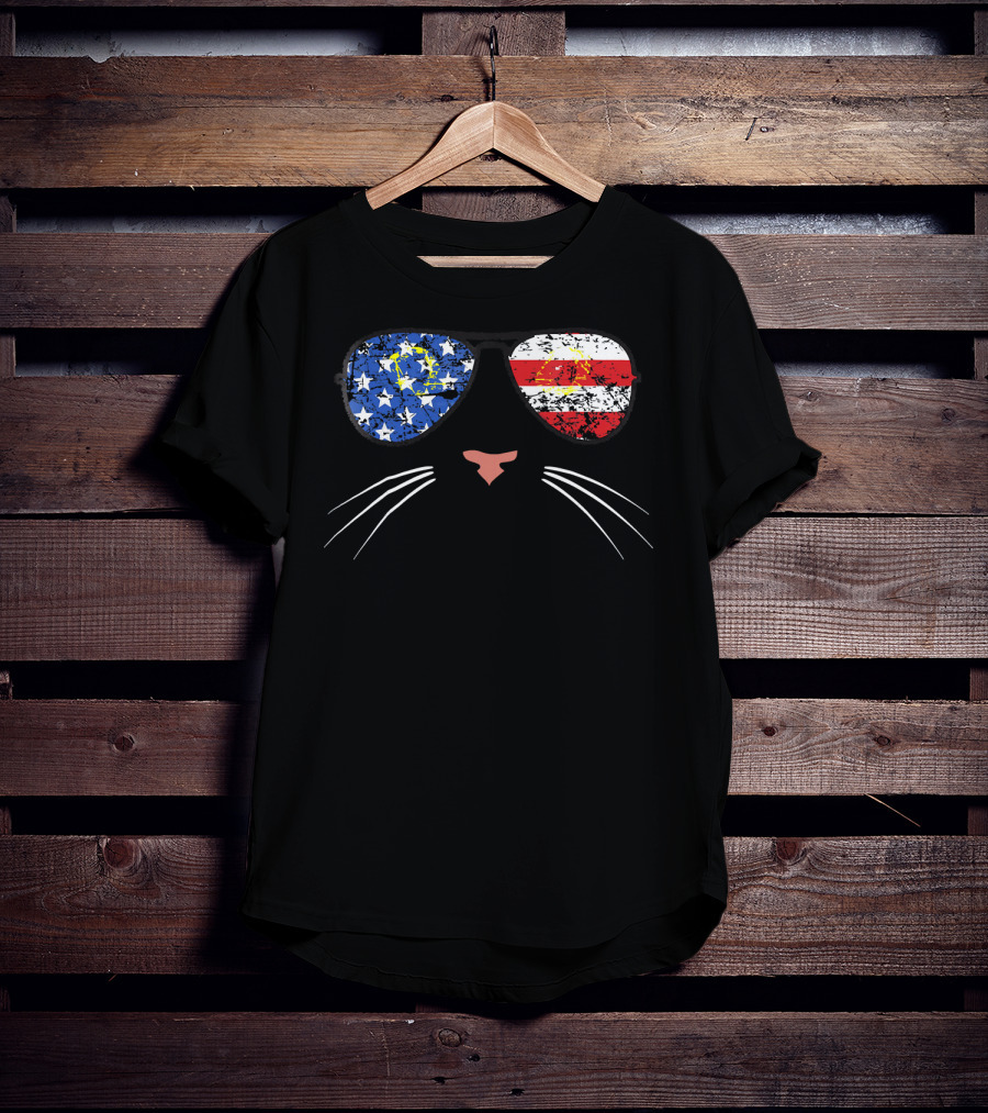 American Cat Face Stars Stripes USA Sunglasses T-Shirt