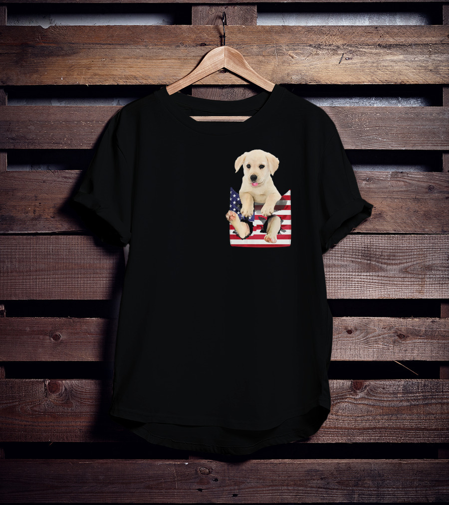 Labrador Puppy Sitting In American Flag Pocket T-Shirt