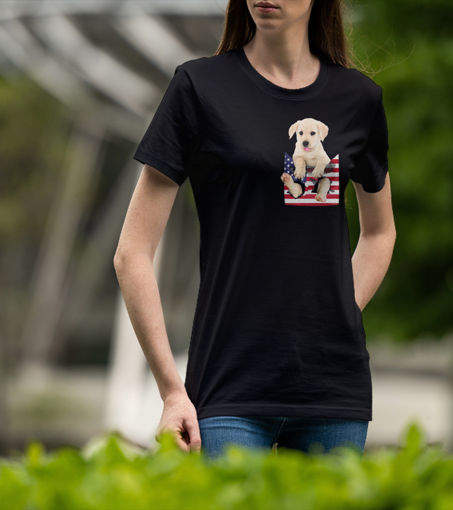 Labrador Puppy Sitting In American Flag Pocket T-Shirt