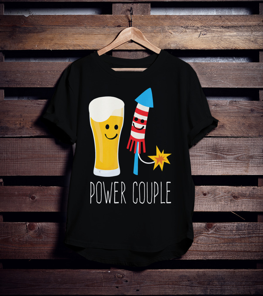 Beer And Fireworks Power Couple Smiling Glass And Rocket T-Shirt