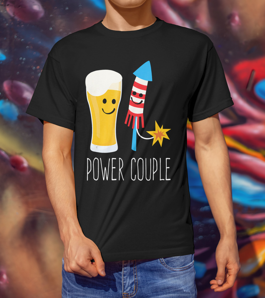 Beer And Fireworks Power Couple Smiling Glass And Rocket T-Shirt