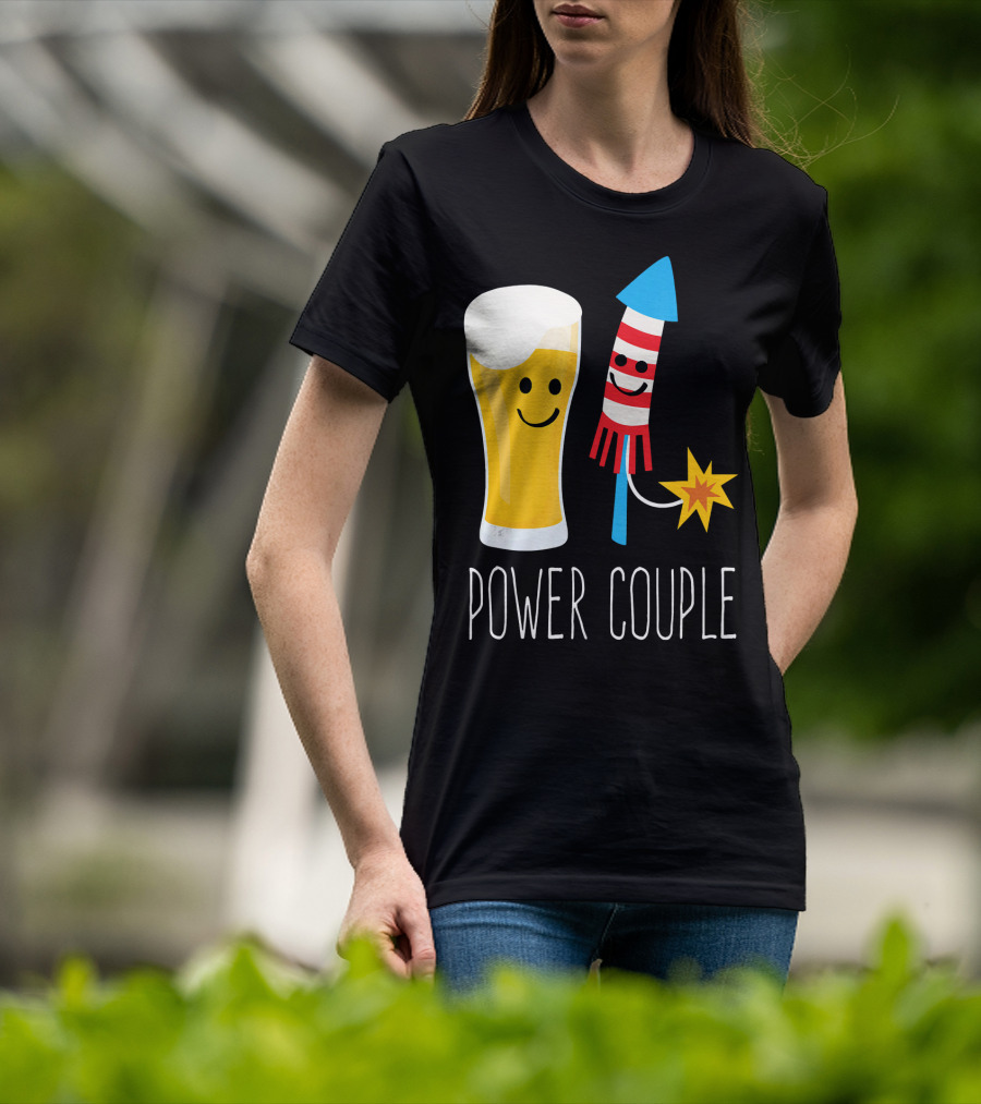 Beer And Fireworks Power Couple Smiling Glass And Rocket T-Shirt
