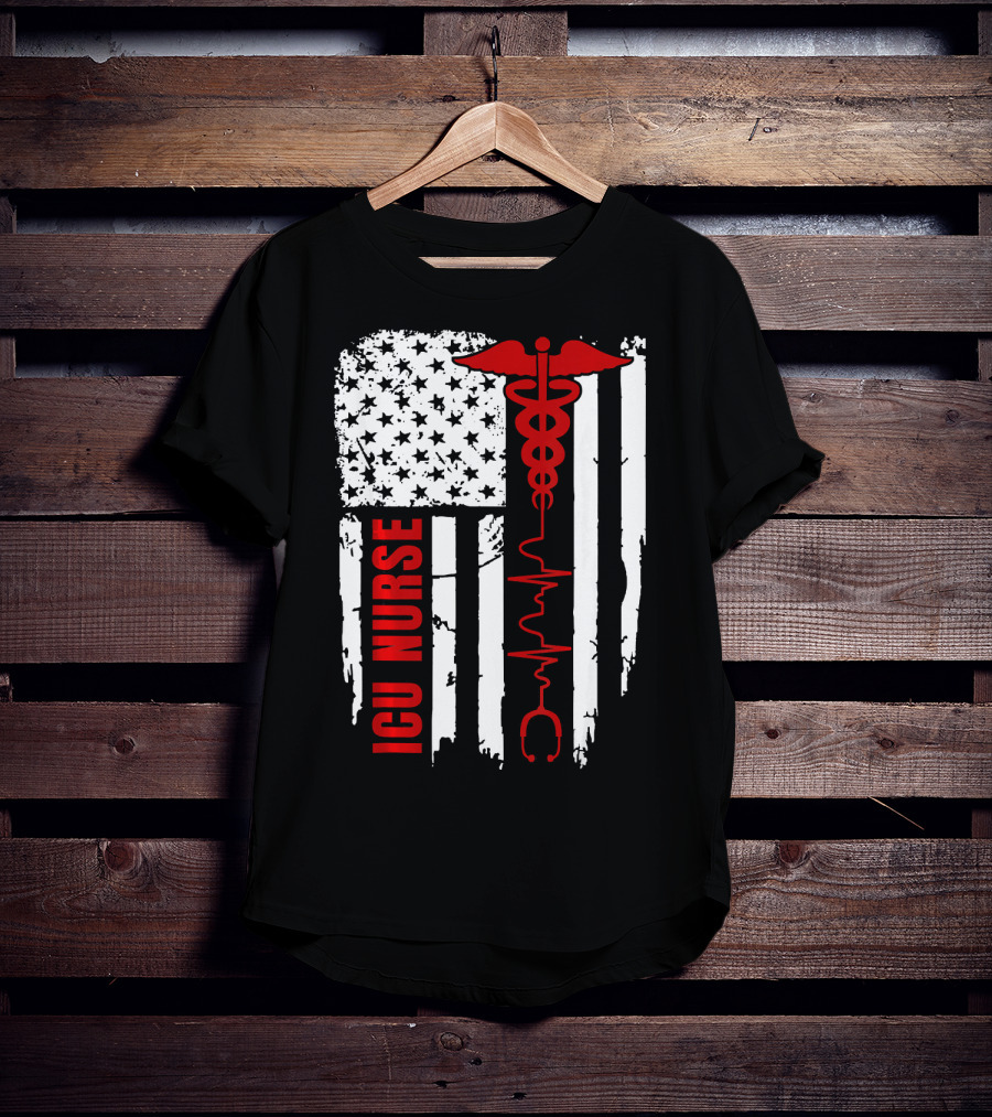 ICU Nurse American Flag Caduceus Heartbeat T-Shirt