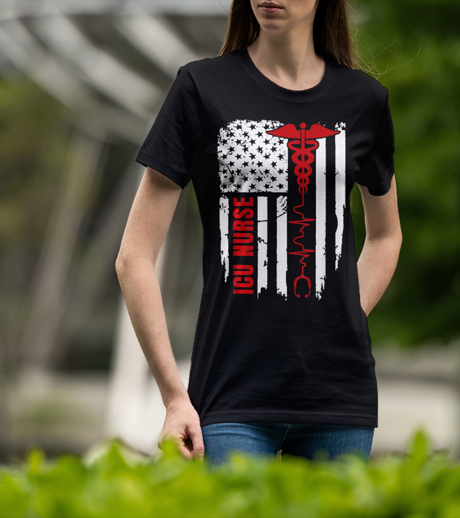 ICU Nurse American Flag Caduceus Heartbeat T-Shirt