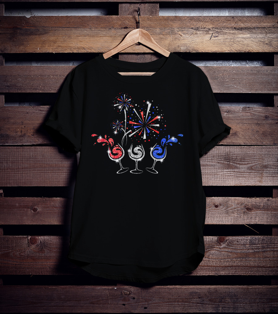 Red White And Blue Wine Glasses Fireworks T-Shirt