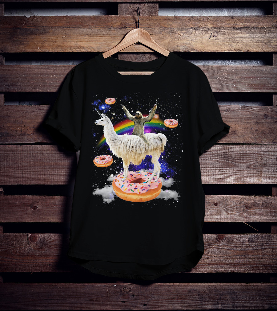 Space Adventure Sloth On Unicorn Llama With Floating Donuts And Rainbow T-Shirt