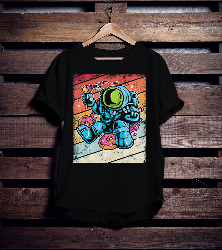 Astronaut Enjoying Ice Cream And Donuts In Retro Space Suit On Colorful T-Shirt
