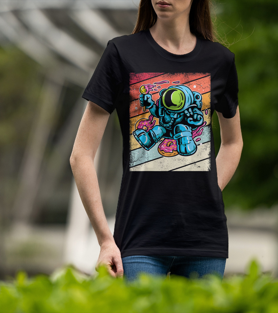 Astronaut Enjoying Ice Cream And Donuts In Retro Space Suit On Colorful T-Shirt