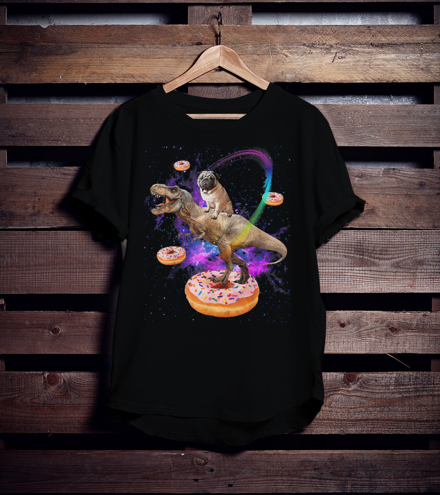 Space Pug Riding Dinosaur T-Rex With Donuts And Galactic Background T-Shirt