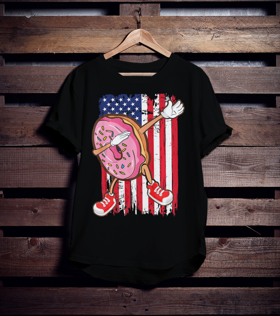 Dabbing American USA Strawberry Frosted Donut On Flag Background T-Shirt