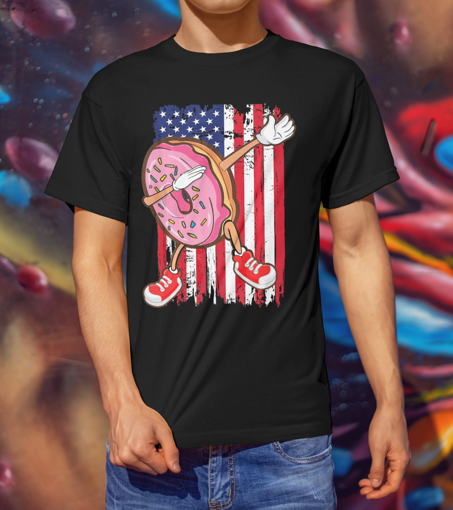 Dabbing American USA Strawberry Frosted Donut On Flag Background T-Shirt