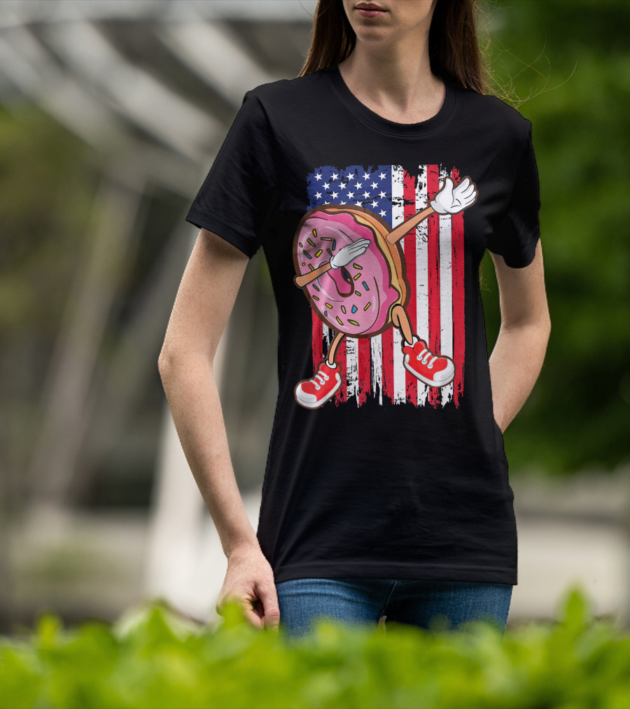 Dabbing American USA Strawberry Frosted Donut On Flag Background T-Shirt