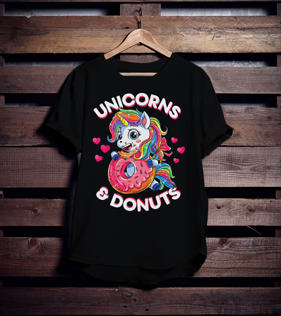 UNICORNS And DONUTS Rainbow Unicorn Eating Donut Surrounded By Hearts T-Shirt