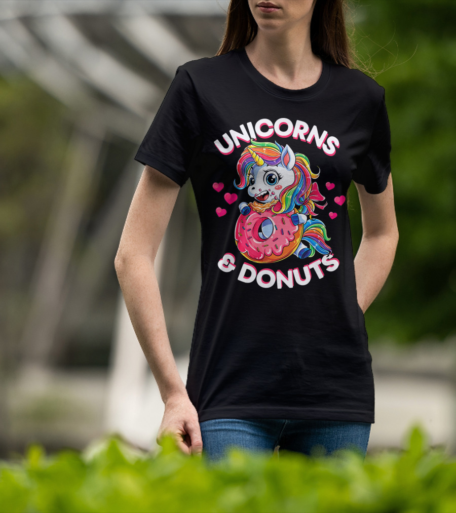 UNICORNS And DONUTS Rainbow Unicorn Eating Donut Surrounded By Hearts T-Shirt