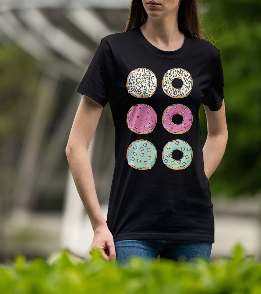 Colorful Pastel Sprinkles Donuts Pink Glaze Floral Shapes T-Shirt