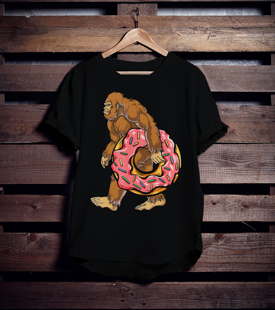 Bigfoot Sasquatch Holding Sprinkled Donut T-Shirt