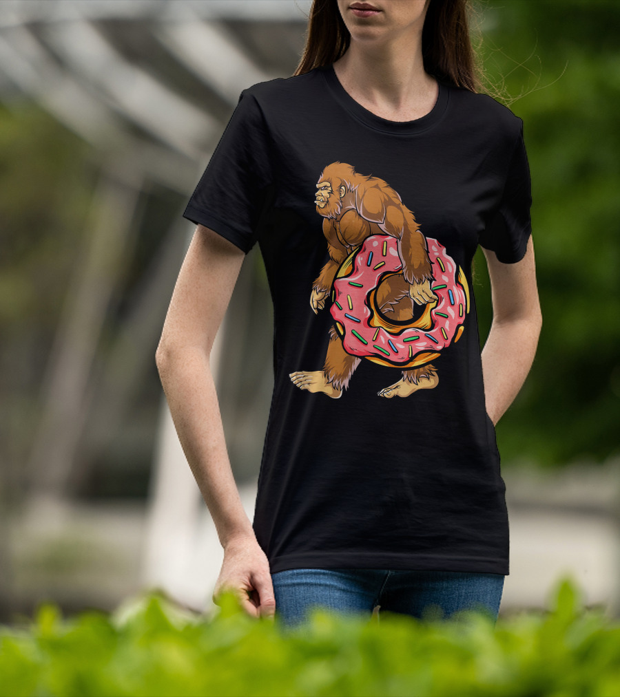Bigfoot Sasquatch Holding Sprinkled Donut T-Shirt