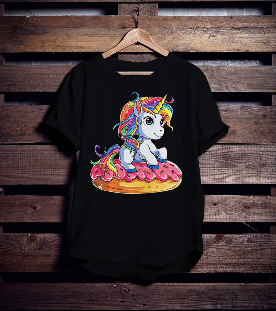 Rainbow Unicorn Sitting On Donut Girls Kids T-Shirt