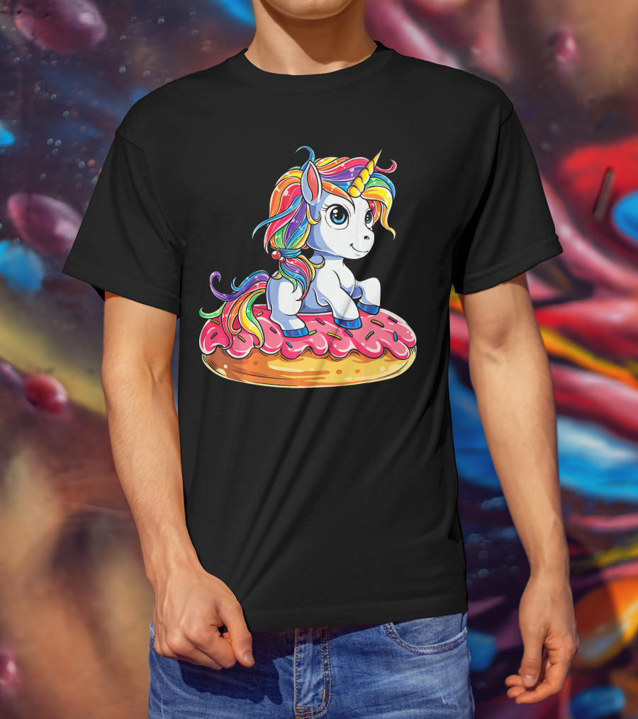 Rainbow Unicorn Sitting On Donut Girls Kids T-Shirt