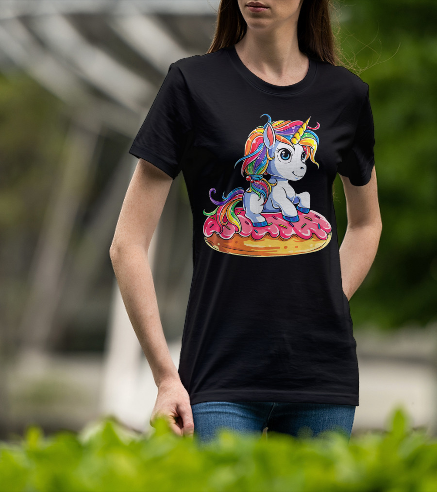 Rainbow Unicorn Sitting On Donut Girls Kids T-Shirt