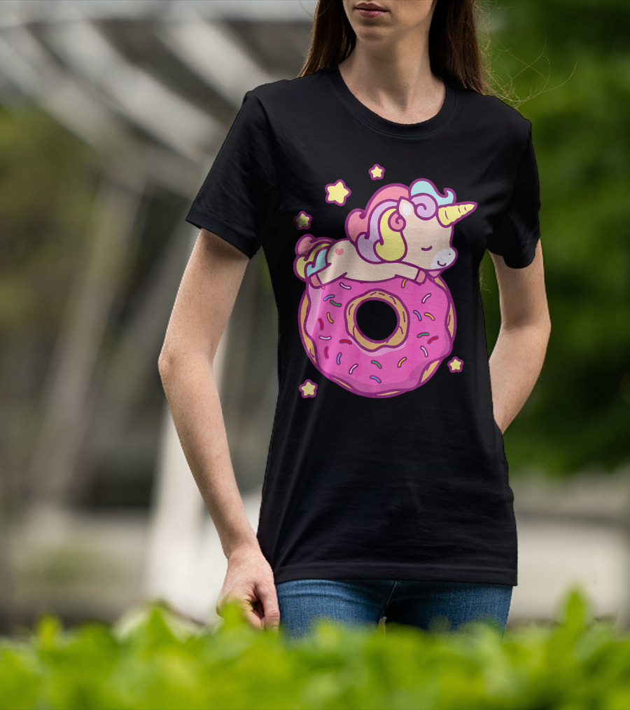Cute Unicorn Donut Girls Kids Donut Day Sleepy Starry Sprinkle Delight T-Shirt