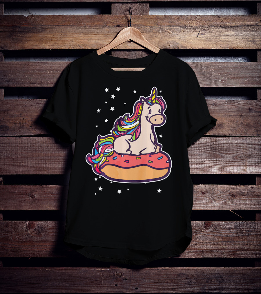Rainbown Pastel Colors Unicorn Donut Fun With Stars T-Shirt