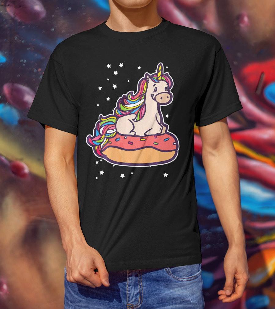 Rainbown Pastel Colors Unicorn Donut Fun With Stars T-Shirt