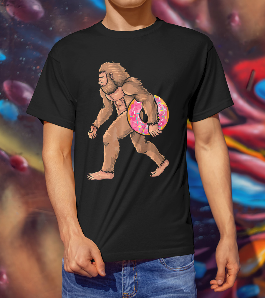 Bigfoot With Sprinkled Doughnut Walking Image T-Shirt