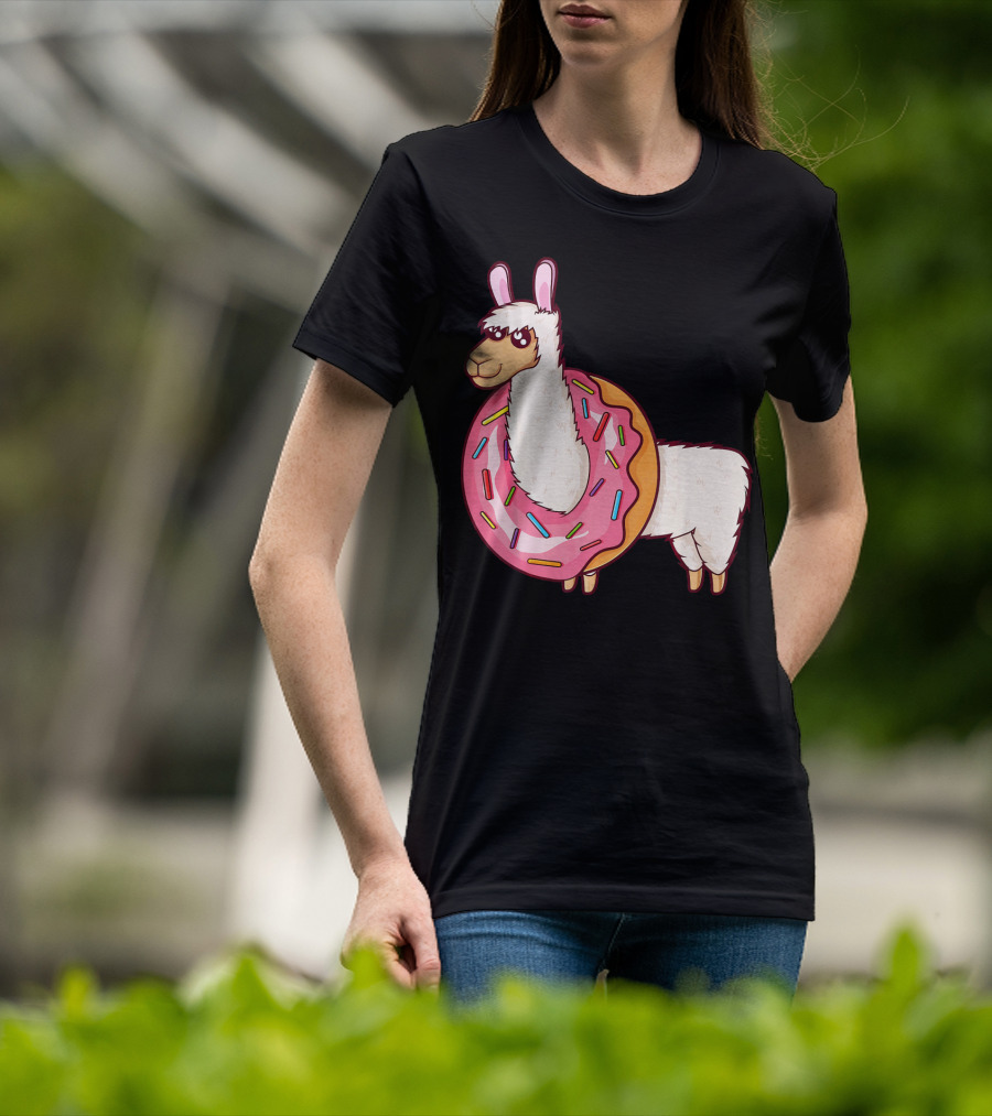 Cute Llama In A Sprinkled Donut Hole Alpaca T-Shirt